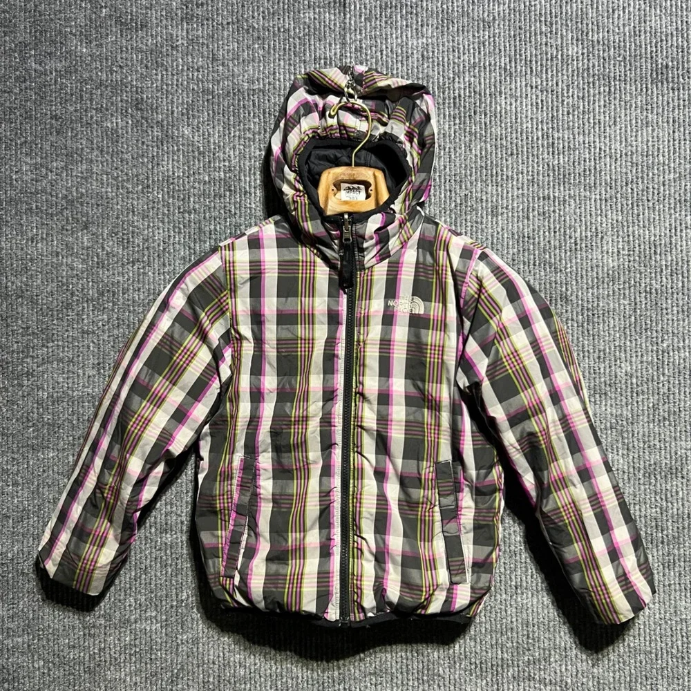 The North Face Reversible Puffer Jacket Girls S 7/8 Black Plaid 550 Down Hooded
